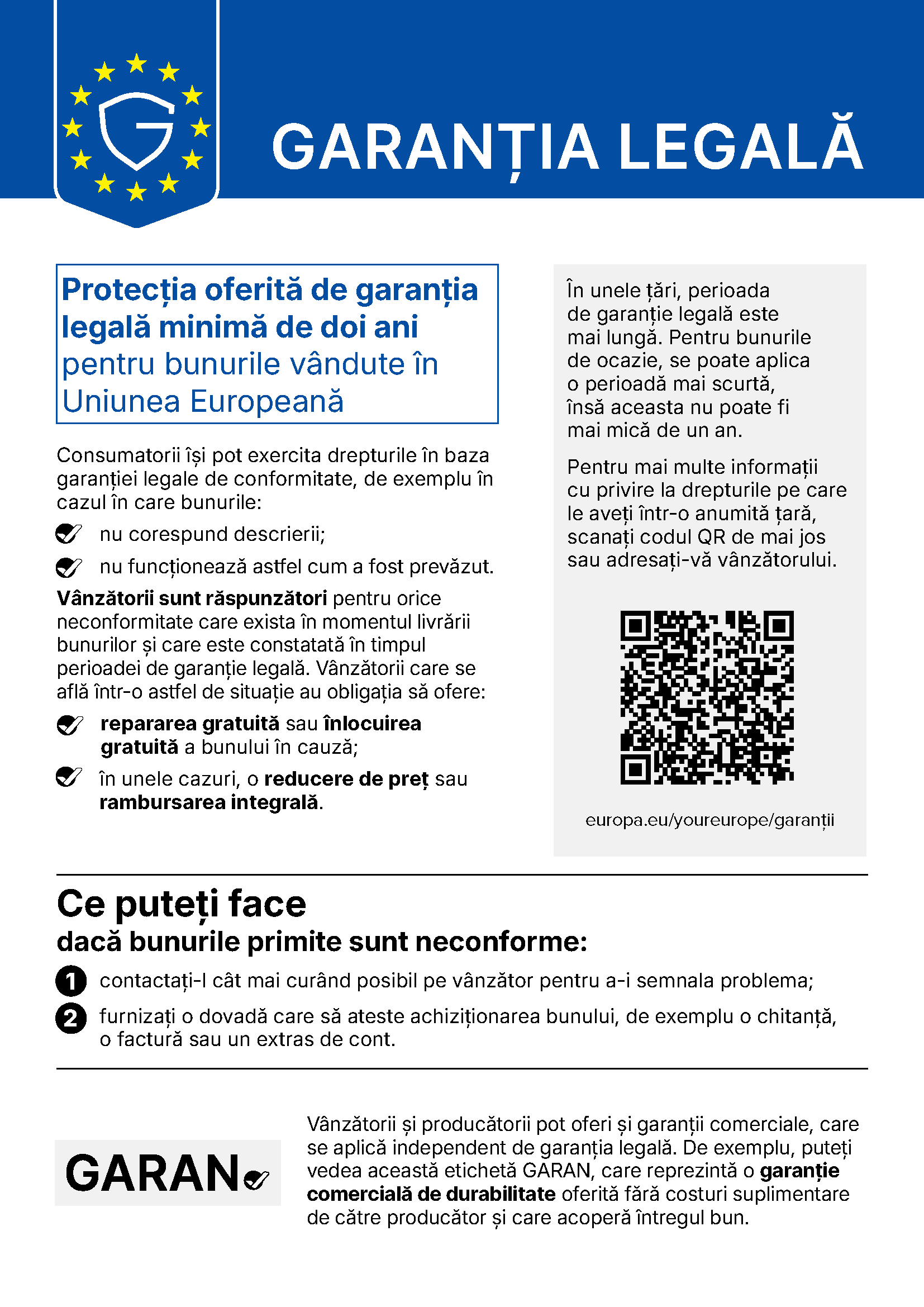Notificare oficială privind garanția legală de conformitate a UE